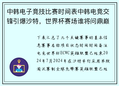 中韩电子竞技比赛时间表中韩电竞交锋引爆沙特，世界杯赛场谁将问鼎巅峰？ 